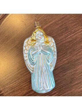 VTG German Glass Angel Ornament Hand-Painted Details Gold Glitter Accents 6" Tal